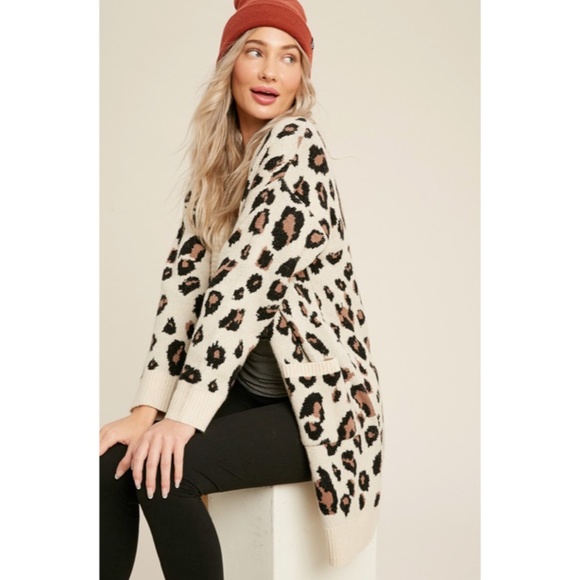 SOLD OUT Oatmeal Leopard Animal Print Open Front Knit Long Sleeve Casual - Picture 6 of 11